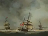 An English man-o'-war and other ships off the coast Signed Oil by Louis Dodd, Oil on panel, sold Mar 2020