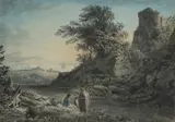 Landscape with travellers beneath a castle by John Glover Ows, Watercolour with scratching out, sold Mar 2020
