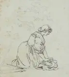 A woman washing her clothes by Bartolomeo Pinelli, Pen and brown ink, and pencil within black framing lines, sold Mar 2020