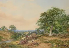 Rural landscape with tree fellers resting by a stream Signed and dated 1861 by Henry Jutsum, 1861, Watercolour heightened with white, sold Mar 2020