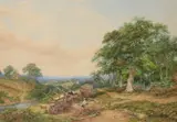 Rural landscape with tree fellers resting by a stream Signed and dated 1861 by Henry Jutsum, 1861, Watercolour heightened with white, sold Mar 2020