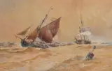 Lowestoft: Smacks Bringing in a Disabled Barque Signed by Thomas Bush Hardy, 1892, Watercolour with scratching out, heightened with white, offered Mar 2020
