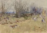 A fox pursued by hounds Signed by Peter Biegel, Watercolour and pencil heightened with white, sold Mar 2020
