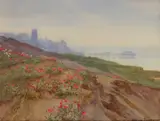 A cliff-top landscape with a town and the sea beyond Signed by Beatrice Emma Parsons, Watercolour, sold Mar 2020
