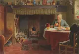 Interior with a man dining by the fire Signed and dated 1914 by Henry Edward Spernon Tozer, 1914, Watercolour heightened with white, sold Mar 2020