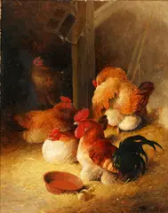 Chickens in a hay barn by Frederick E. Valter, oil on board, sold Nov 2014