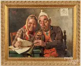 of a husband and wife playing music by Pompeo Massani, oil on canvas, sold Sep 2022