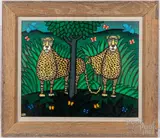 of two leopards by Shigeo Okumura, oil on canvas, sold Aug 2022