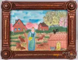 of a woman with chickens in a tramp art frame by Barbara Strawser, watercolor, sold Jul 2022