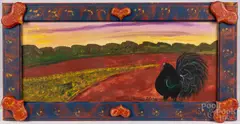 of chickens in a heart corner frame by Barbara Strawser, watercolor, sold Jul 2022