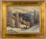of skiers by Boylan Fitzgerald, oil on artist board, sold Jul 2022