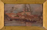 impressionist landscape study with cathedral by Gordon McCouch, oil on artist board, sold Jul 2022
