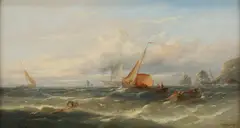 Untitled by Edwin Hayes, oil on canvas seascape depicting ships off a coastline, sold Aug 2026