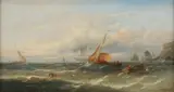 Untitled by Edwin Hayes, oil on canvas seascape depicting ships off a coastline, sold Aug 2026