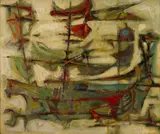 Untitled by Charles Griffin Farr, oil on masonite painting that depicts a stylized view of a sailing ship, sold Aug 2026