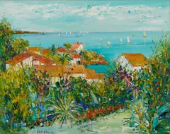 Untitled by Yolande Ardissone, oil on canvas French Riviera seascape painting depicting Antheor, sold Aug 2026