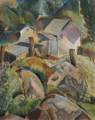 Untitled by Will Henry Stevens, pastel on paper painting depicting a cluster of buildings rising from amid mountains, sold Aug 2026