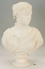 Untitled by William Henry Rinehart, carved marble portrait bust of a young female dressed in classical attire, sold Aug 2026