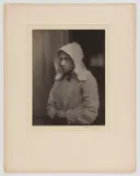 WOMAN, POSSIBLY SHAKER, PHOTOGRAPHIC PORTRAIT by Doris Ulmann Jaeger, platinum print on tissue paper depicting a woman wearing a large white bonnet, sold Dec 2023