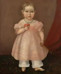 ATTRIBUTED FOLK ART PORTRAIT OF A CHILD WITH APPLE by Susan Waters, oil on canvas, sold Dec 2023