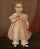 ATTRIBUTED FOLK ART PORTRAIT OF A CHILD WITH APPLE by Susan Waters, oil on canvas, sold Dec 2023