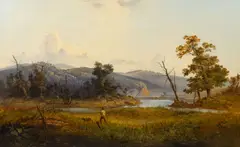 BUCKS CO., PENNSYLVANIA LANDSCAPE WITH HUNTERS AND DOG by Francis Devlan, oil on canvas, sold Dec 2023