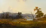 BUCKS CO., PENNSYLVANIA LANDSCAPE WITH HUNTERS AND DOG by Francis Devlan, oil on canvas, sold Dec 2023