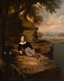 PORTRAIT OF A BOY IN A MOUNTAINOUS LANDSCAPE by Cephas Giovanni Thompson, oil on canvas, sold Dec 2023