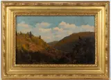 ATTRIBUTED, HUDSON RIVER VALLEY KAATERSKILL CLOVE LANDSCAPE by Henry Livingston Hillyer, oil on Academy board, sold Dec 2023
