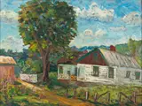 LANDSCAPE PAINTING WITH FARMHOUSE by Samuel B. Pratt, oil on board, sold Dec 2023