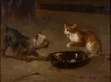 BARN SCENE WITH YORKSHIRE TERRIER AND CAT by Louis Contoit, oil on canvas, sold Oct 2023