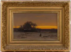 WINTER LANDSCAPE WITH FIGURES by Carleton Wiggins, oil on canvas, sold Oct 2023