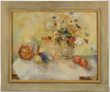 MID-CENTURY MODERN STILL-LIFE PAINT by Kemper M. Rostad, oil on board, sold Oct 2023