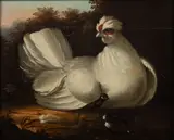 ATTRIBUTED / SCHOOL OF PAINTING OF HEN AND CHICKS by Marmaduke Cradock, oil on mahogany board, sold Sep 2023