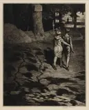 SUBURBAN EVENING by Martin Lewis, drypoint etching on paper, sold Sep 2023