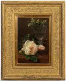 STILL LIFE WITH ROSES AND CHALICE by Jean-Baptiste Robie, oil on cradled panel, sold Sep 2023