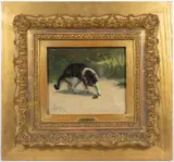 GENRE SCENE WITH KITTEN AND BUMBLEBEE by John Henry Dolph, oil on board, sold Sep 2023