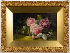 STILL-LIFE WITH ROSES by Edward Chalmers Leavitt, oil on canvas with likely original stretcher, sold Sep 2023
