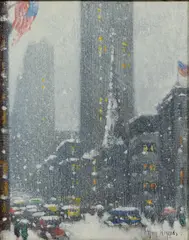 MANHATTAN SNOW SCENE by Guy Carleton Wiggins, oil on canvas board, sold Sep 2023