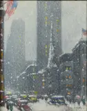MANHATTAN SNOW SCENE by Guy Carleton Wiggins, oil on canvas board, sold Sep 2023