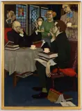 SATIRICAL GENRE SCENE by Winslow Williams, oil on Masonite, sold Sep 2023
