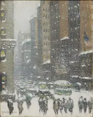 MANHATTAN SNOW SCENE by Guy Carleton Wiggins, oil on canvas board, sold Sep 2023