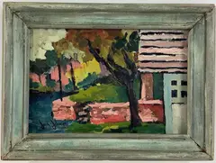 Shed and Trees by Jack E Johnson, Oil on board, sold Mar 2024