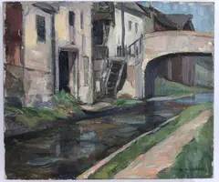 Canal at New Hope by Della J. Barber, Oil on canvas, sold May 2024