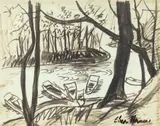 Norris Father's Boats at the Bennikill: Shawnee on Dell, PA by Elnora "Nora" Hauser, Watercolor, sold May 2024