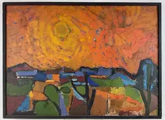 Desert Sunset by Nora Hauser, Oil on board, sold Aug 2024