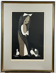 Doves and Girl by Kawano Kaoru, Woodcut, sold Aug 2024
