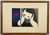Girl Watching Goldfish by Kaoru Kawano, Woodcut, sold Aug 2024
