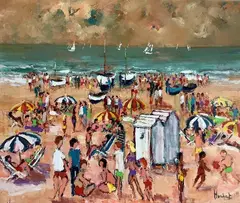 Cabins on the Beach by Urbain Emmanuel Huchet, Oil on canvas, sold Nov 2024