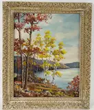 White Birch, Lake at Skytop by Clarence Ira Dreisbach, Oil on board, sold Nov 2024